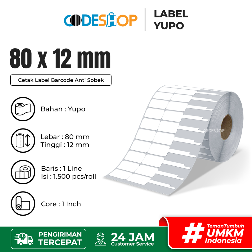 

Codeshop Label Yupo 80 x 12 mm 1 Line isi 1500 pcs Core 1 inch