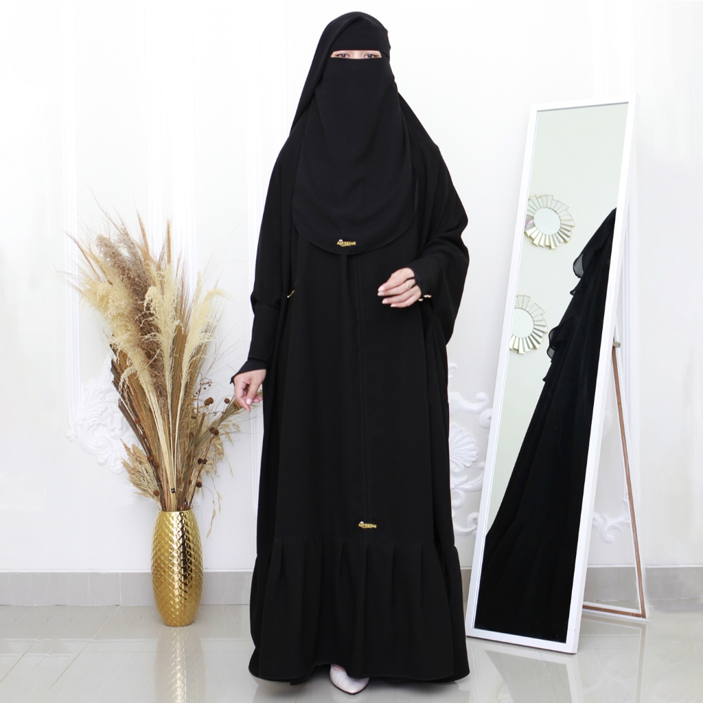 Aqueenah - Khimar Overhead Marwah Hijab Instan Terusan Syari Kerudung Jilbab Lengan Jetblack