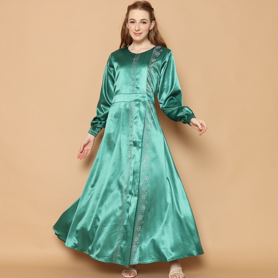 GAMIS SATIN SILK WARNA HIJAU / GAMIS PAYET MEWAH UNTUK PESTA / GAMIS WANITA MUSLIM