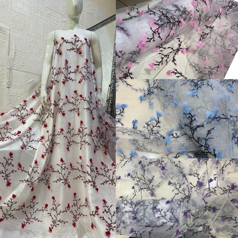 Kain tile motif gaun sandra dewi/bahan tile valentino.tile korea.tile bunga.tile murah.bahan brukat