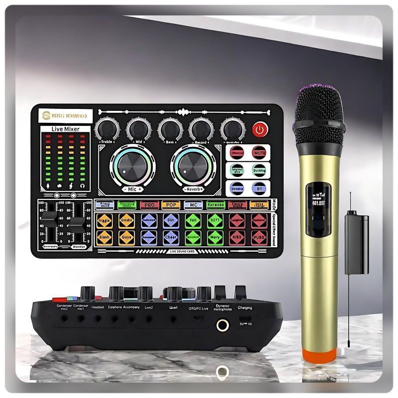 Paket Sound card F999 + MKF-01 Plus Mic Wireless alat Live streaming maupun karaokean