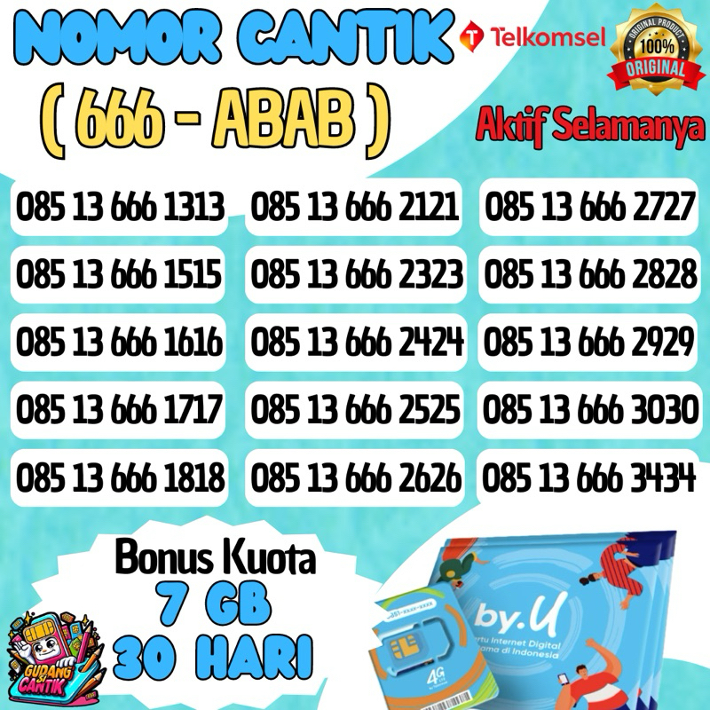 Nomor Cantik Couple (Triple ABAB) Kartu Perdana by.U Telkomsel (Bonus Kuota 7gb/30hari)