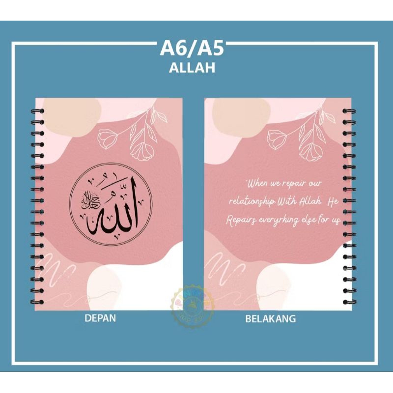 

BUKU TULIS NOTEBOOK A5 14,8 cm × 21.0 cm Jilid Spiral Isi GARIS lafadz Allah