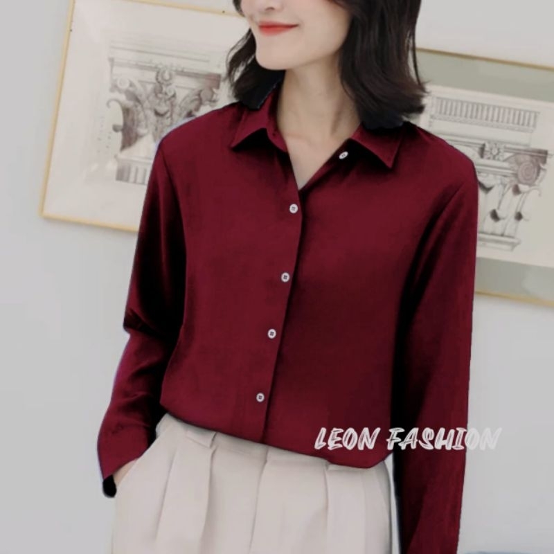 Kemeja Polos Wanita Basic Kemeja Cewek Lengan Panjang Kemeja Atasan Shirt