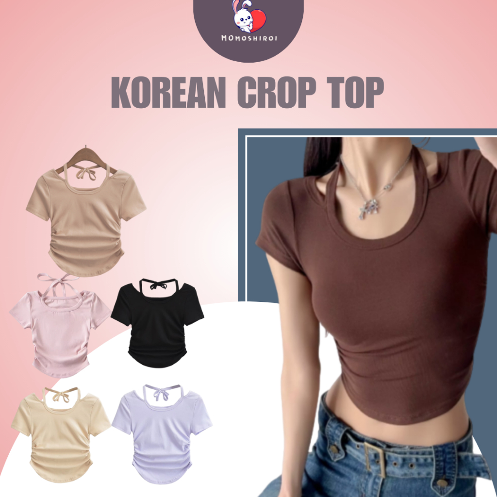Baju Atasan Kaos Spandek Korean Wanita Sexy Lengan Pendek Leher Tali Leher Fashion BJ414