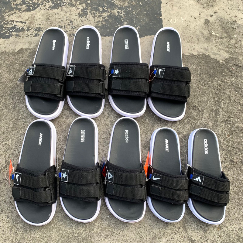 Sandal Slide Slop Pria-Wanita/ Sandal SlipOn Terbaru/Sandal selop perekat Hitam Putih Premium/sandal