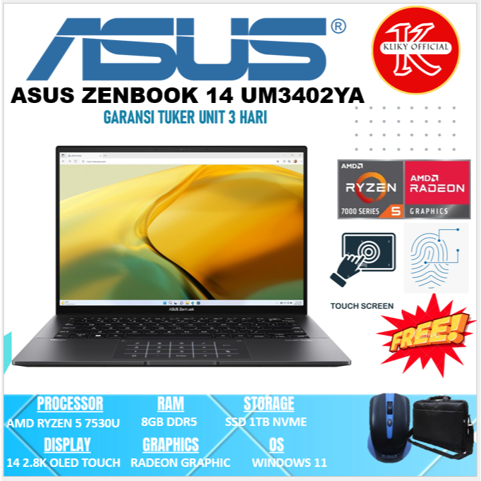 Laptop Touchscreen Asus Zenbook OLED 14 UM3402YA AMD Ryzen 5 Ram 8 GB Ssd 1 TB Layar 14" 2.8K OLED