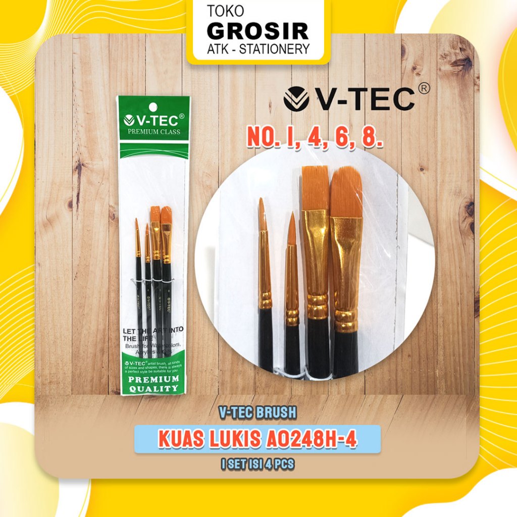 

Kuas V-TEC tipe A0248H/4 SET / Kuas Lukis VTEC / Brush for Watercolor Acrylic, Oil / 4 Ukuran V Tec No. 1 No. 4 No. 6 No. 8