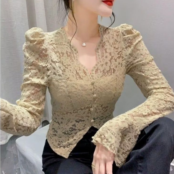 3970 Baju atasan blouse EVANDA LACE BROKAT TOP lengan panjang vneck Korean look hitam ungu mocca hit