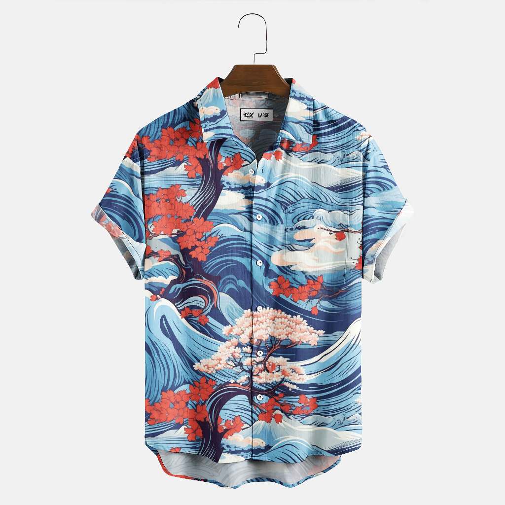 Kemeja pria premium - Close up of a tree with red flowers on a wave