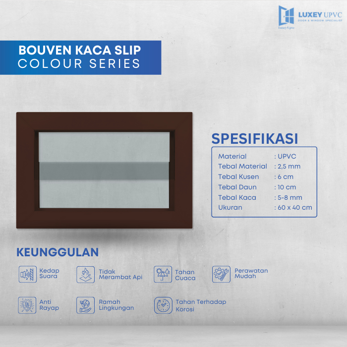 1 SET JENDELA + KUSEN UPVC PREMIUM BOUVEN KACA SLIP UKURAN 60 X 40CM BY LUXEY DOOR