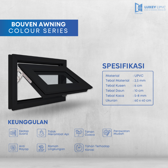 1 SET JENDELA + KUSEN UPVC PREMIUM BOUVEN KACA AWNING UKURAN 60 x 40CM BY LUXEY DOOR