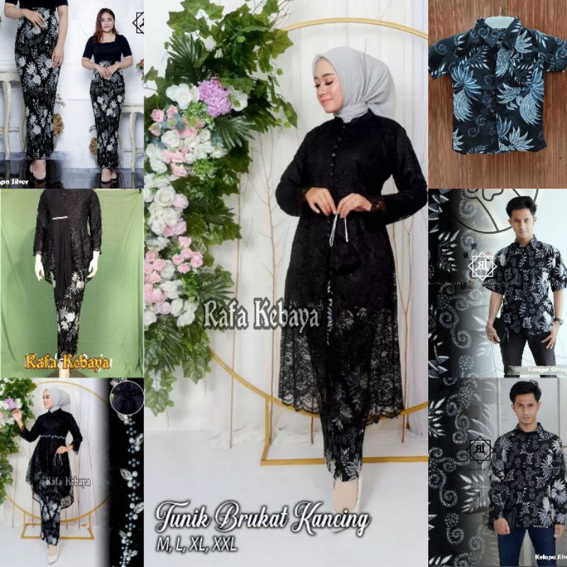 Set Kebaya Couple Tunik Brokat Kancing 1000 Hitam/ Couple Kebaya Modern/ Setelan Kebaya Busui / Baju