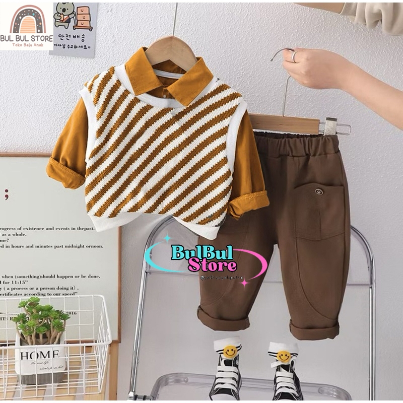 Setelan Anak Laki Laki 1-5 Tahun OneSet 3in1 Kemeja Anak Baju Anak Cowok Kekinian by.BulBulStore