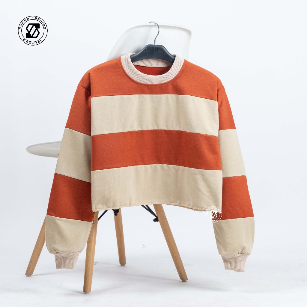 SS - STRIPED Sweater Crop Top Wanita Sexy Sporty Style Switer Baju Atasan Sweatshirt Remaja Kekinian