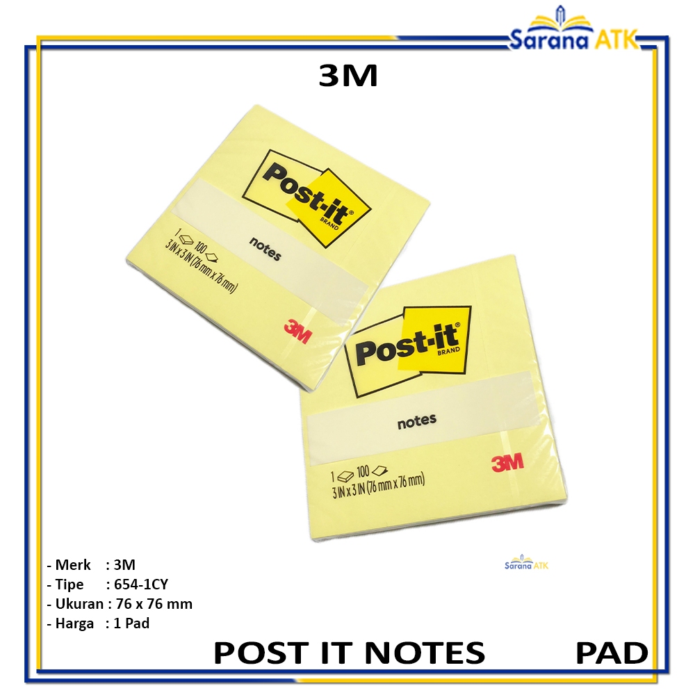 

3M - Post It Sticky Notes 654-1CY 76mm x 76mm Yellow - Pad