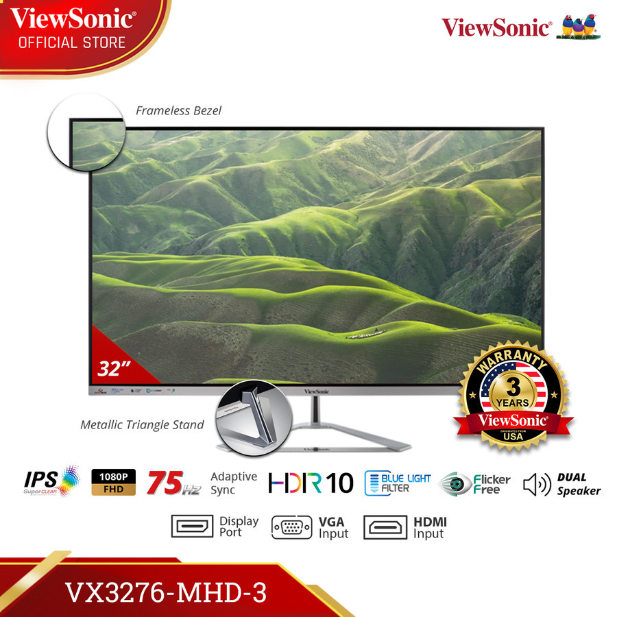 ViewSonic 32" Monitor VX3276-MHD-3|FHD|IPS| Frameless Bezel Stylist
