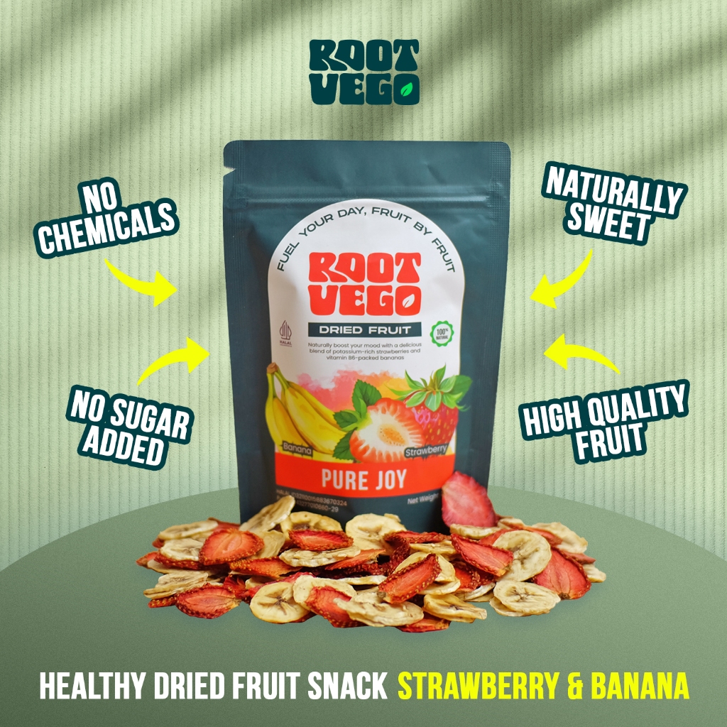 

Healthy Dried Fruit Snack / Cemilan Buah Kering Sehat / Rootvego Stroberi & Pisang (40gr)