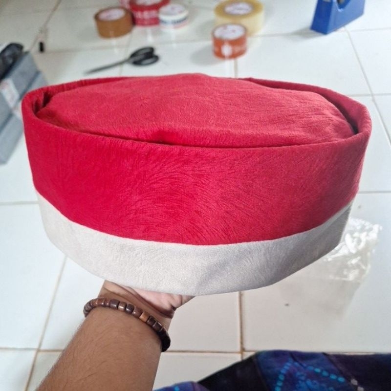 (COD√) Peci songkok motif bulu MERAH PUTIH