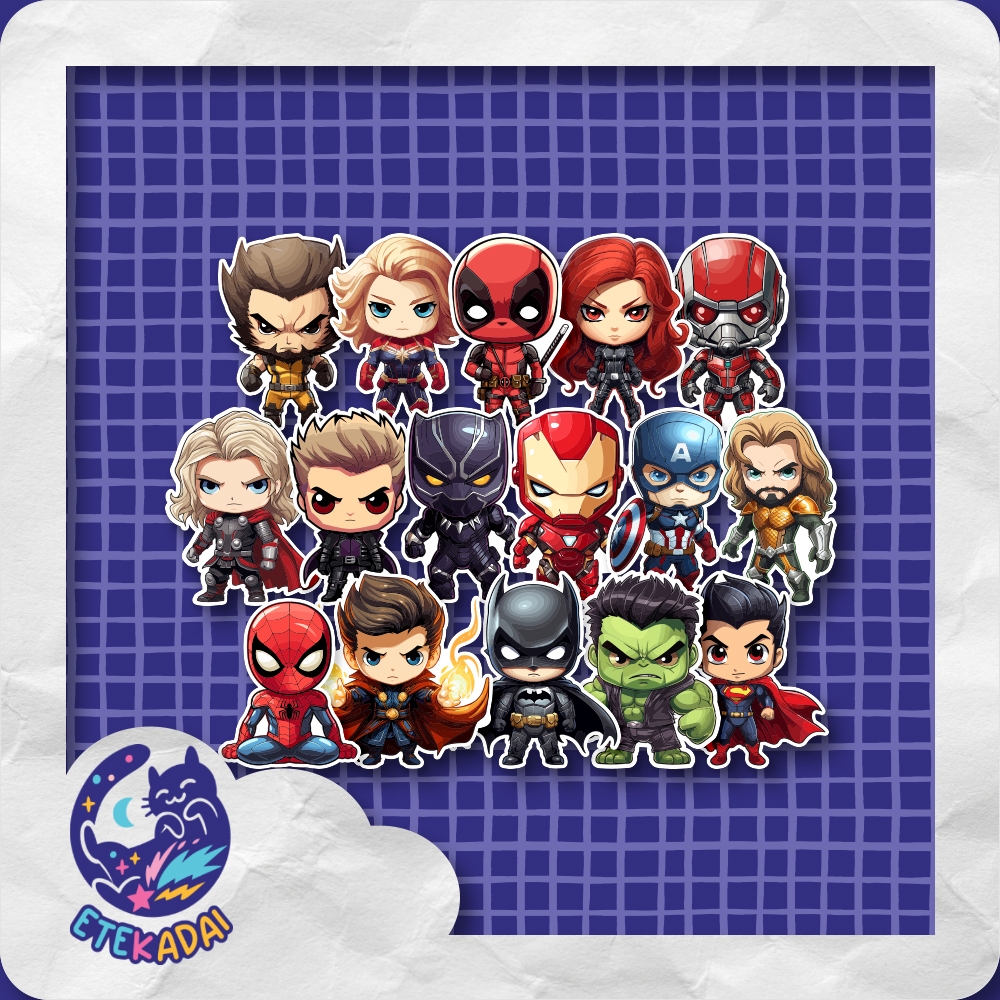 

STIKER PACK BESAR SUPER HERO CHIBI 16 pcs LAPTOP AKSESORIS HP ANTI AIR