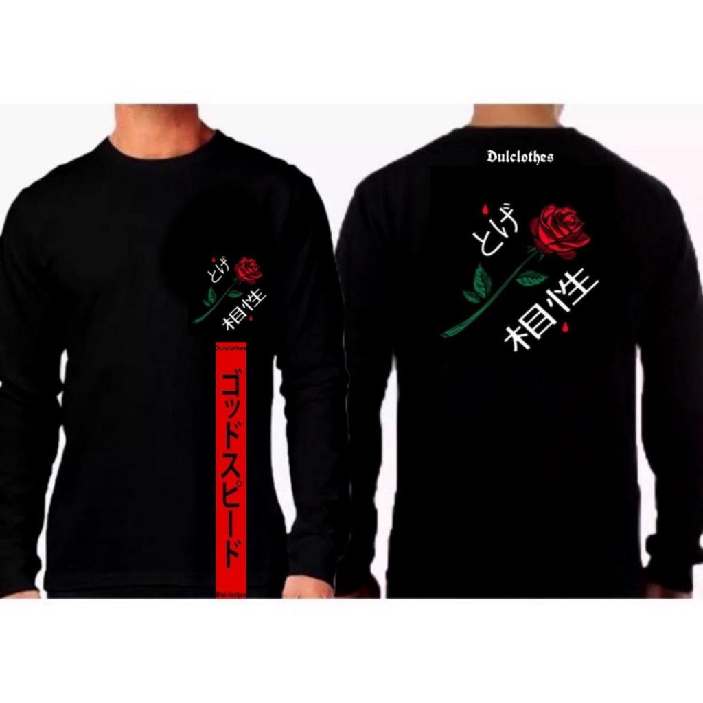 Kaos distro pria dewasa lengan panjang mawar merah/jepang