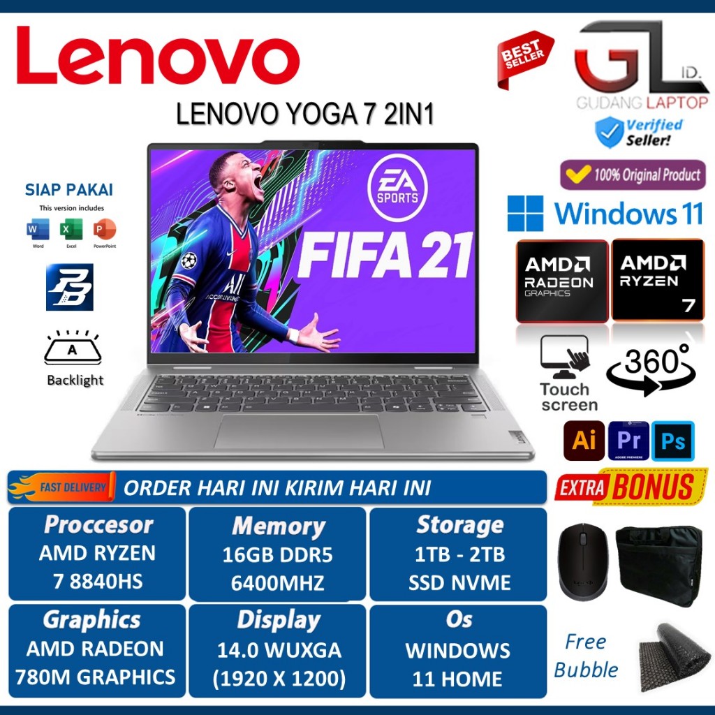 Laptop Lenovo Yoga 7 14 AMD Ryzen 7 8840HS 16GB RAM 2TB SSD Radeon 780M 14Inch Wuxga IPS W11 - Grey