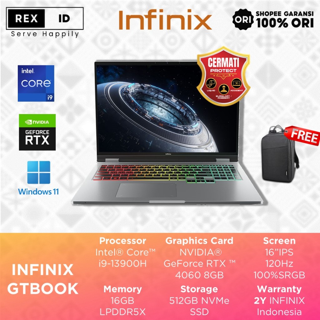 Infinix GtBook Intel i9-13900H RTX4060 8GB-16GB 512GB Windows 11 16"FHD 120Hz 100%SRGB RGB Grajnsi R