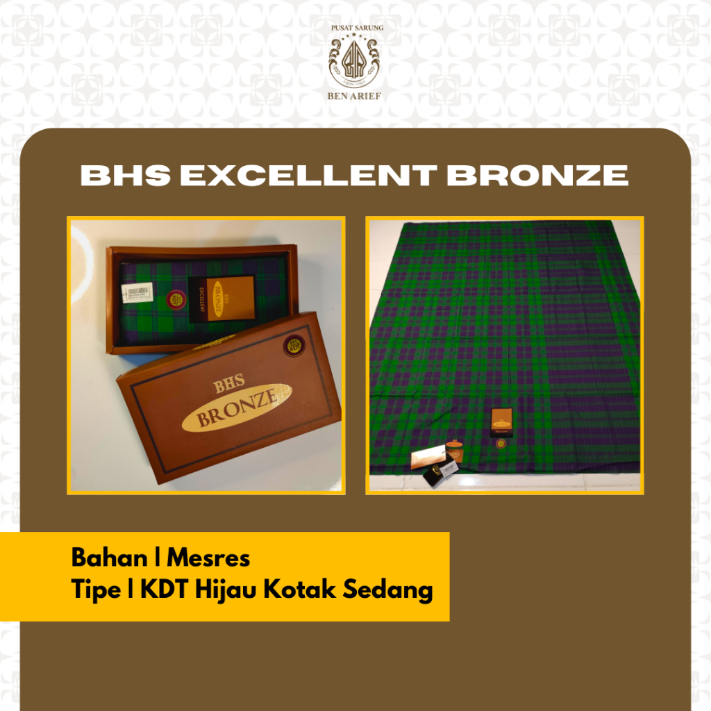 Sarung BHS Excellent Bronze KDT E51 Hijau Kotak Sedang Katun Mercerized - Busana Pria Muslim Dewasa,