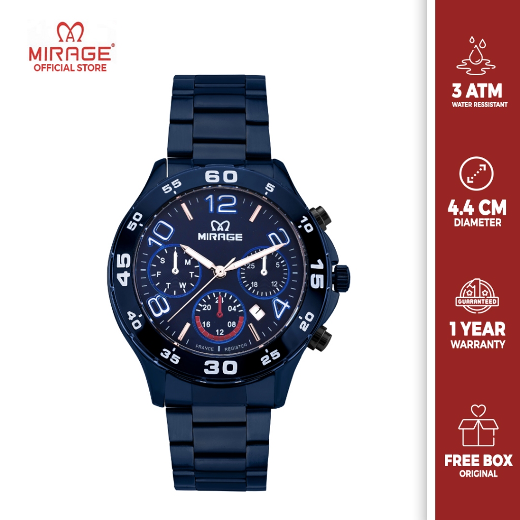 Mirage Jam Tangan Pria Analog Anti Air Sporty Formal Chrono Trendy Biru Navy Blue Rosegold 8810 M