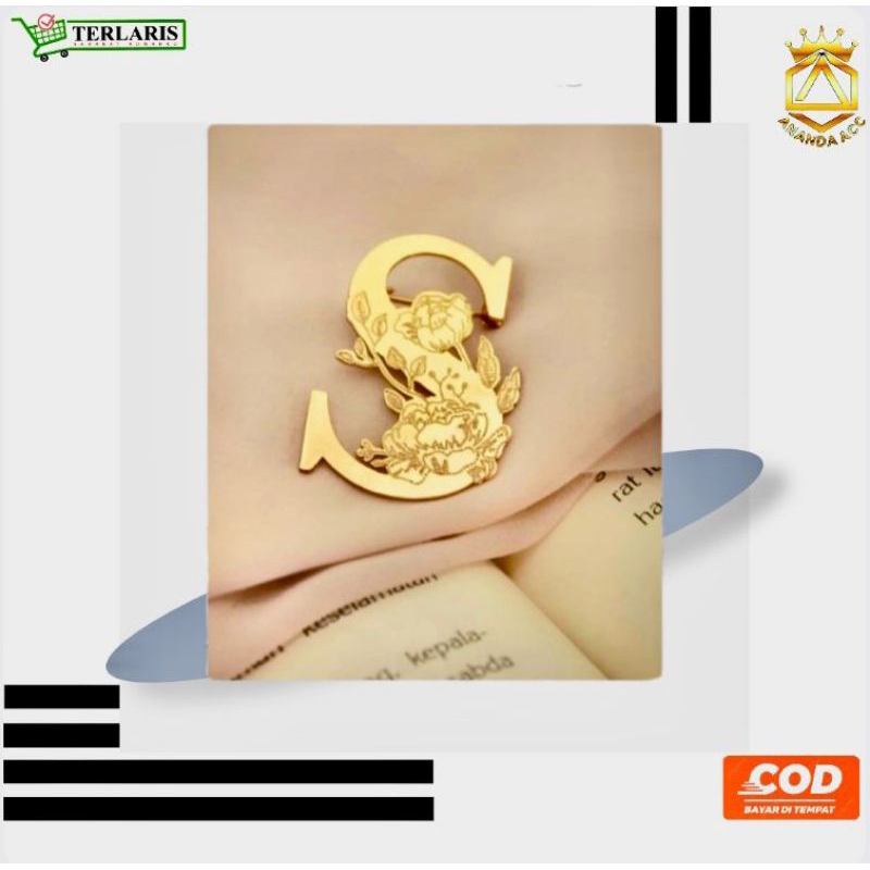 bros nama bros huruf inisial premium bros huruf besar lapis emas mewah dan MENAWAN