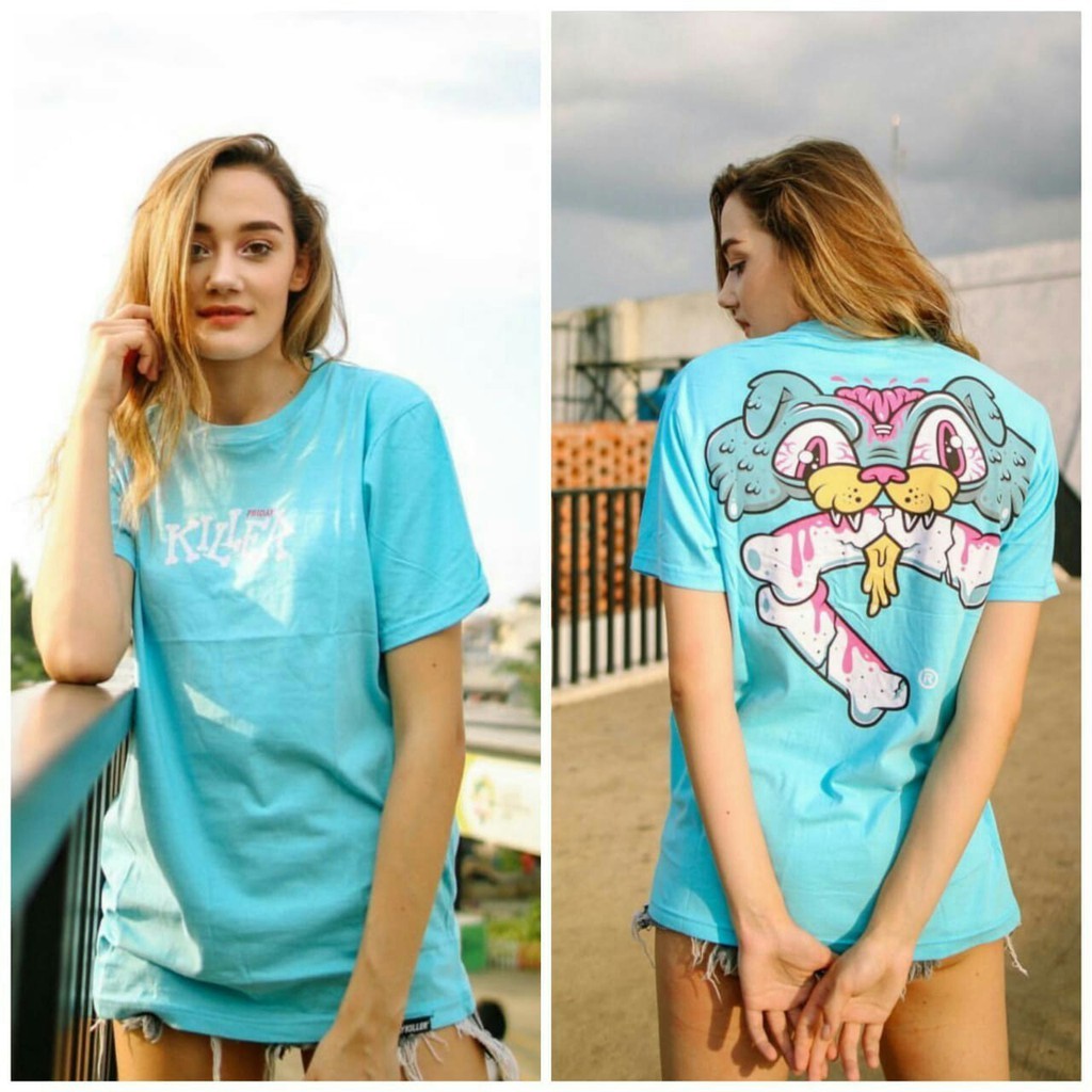 Kaos Distro Friday Killer Kucing Meleleh Melt Biru Langit Tosaca Lengan pendek pria wanita murah - T