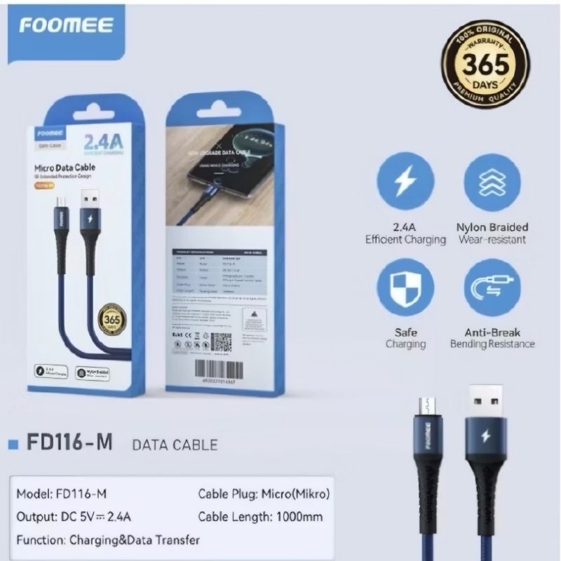 Foomee FD116-M Cable Micro 2,4a Fast Charging Braided Nylon FD116M
