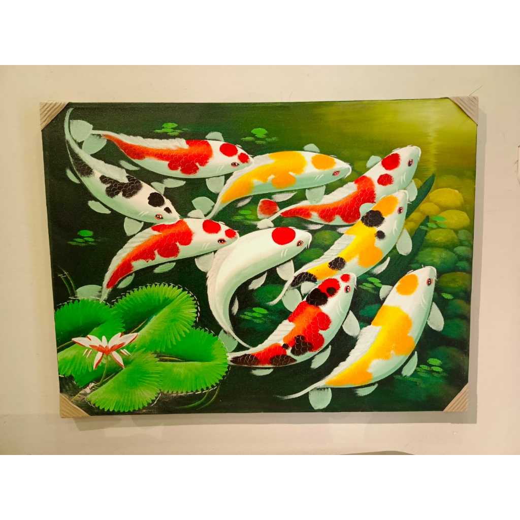 LUKISAN IKAN KOI HIASAN DINDING TERDAPAT 9 EKOR KOI UK 80X60CM