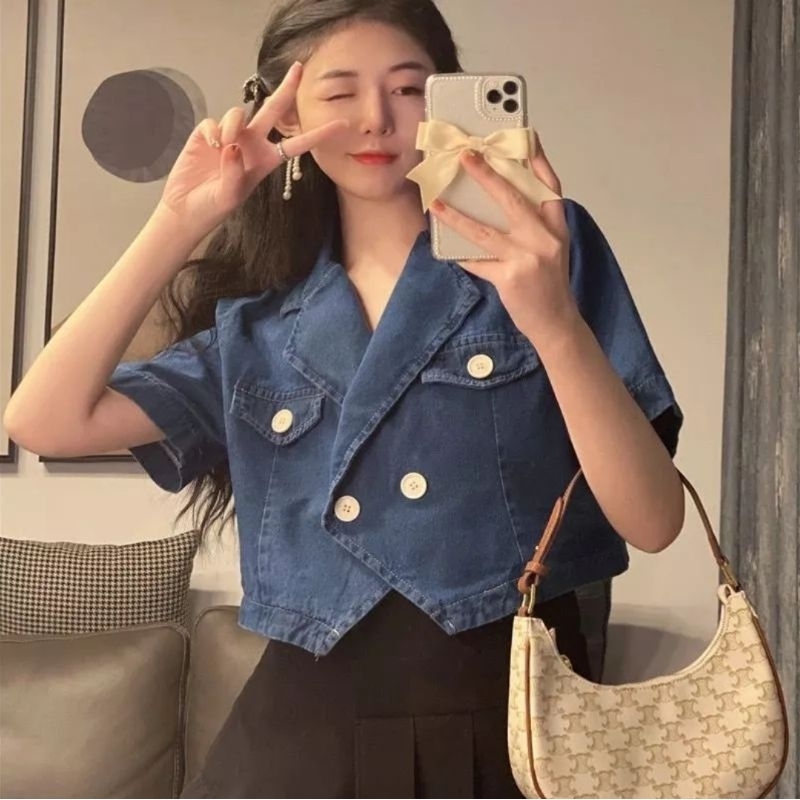 KEMEJA BLAZER JEANS CROP WANITA LENGAN PENDEK / KEMEJA JEANS  CROP