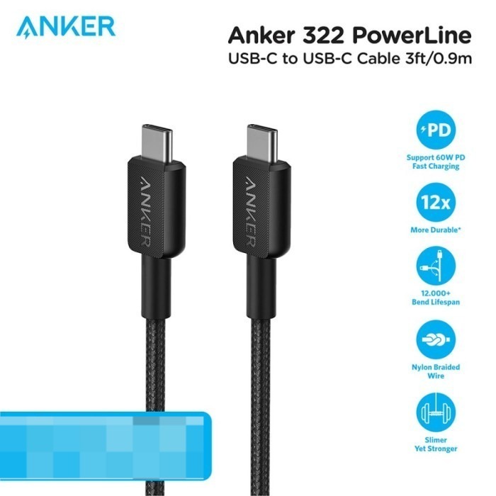 ANKER KABEL CHARGER ANKER USB-C TO USB-C 322 3FT BRAIDED