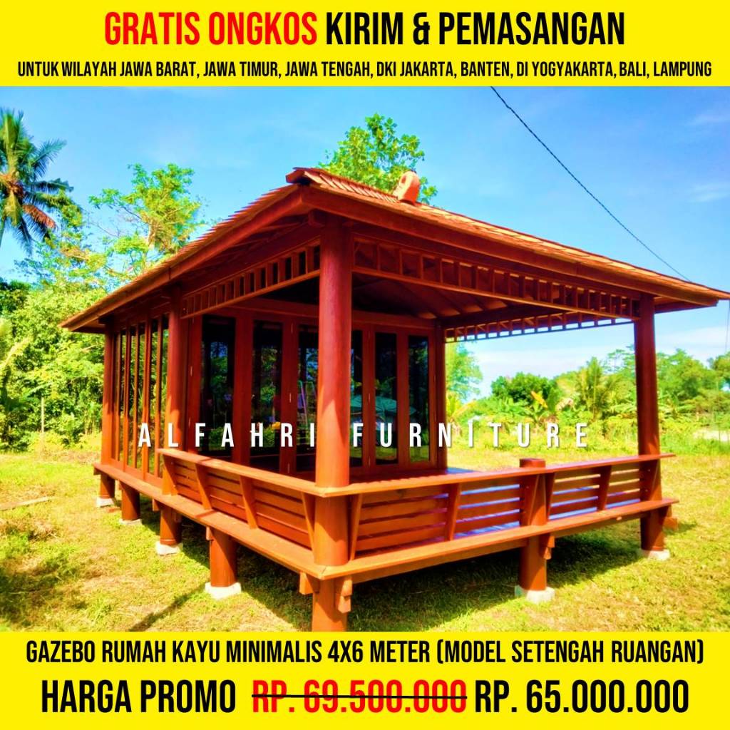 Rumah Kayu Gazebo Joglo Minimalis Ruangan Kaca Taman Modern 4x6 Meter Atap Sirap Ulin, Gasebo Mushol
