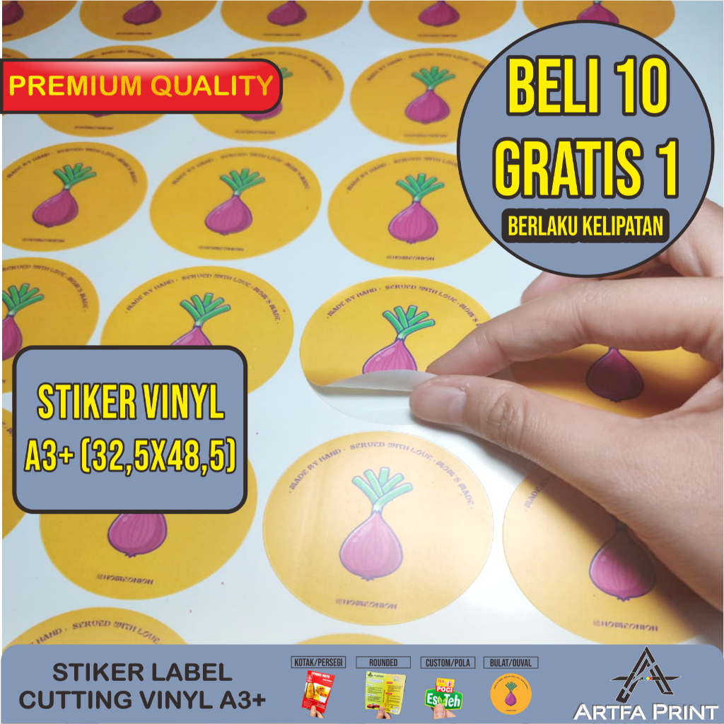 

Cetak Stiker / Sticker Label / Stiker Vinyl, Vinil A3+ (Print + Cutting)