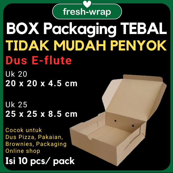 

Box Packing Eflute Polos 20x20x4,5 dan 25x25x8,5 isi 10pcs/ pack untuk Dus Pizza/Hampers/Pakaian/Brownis
