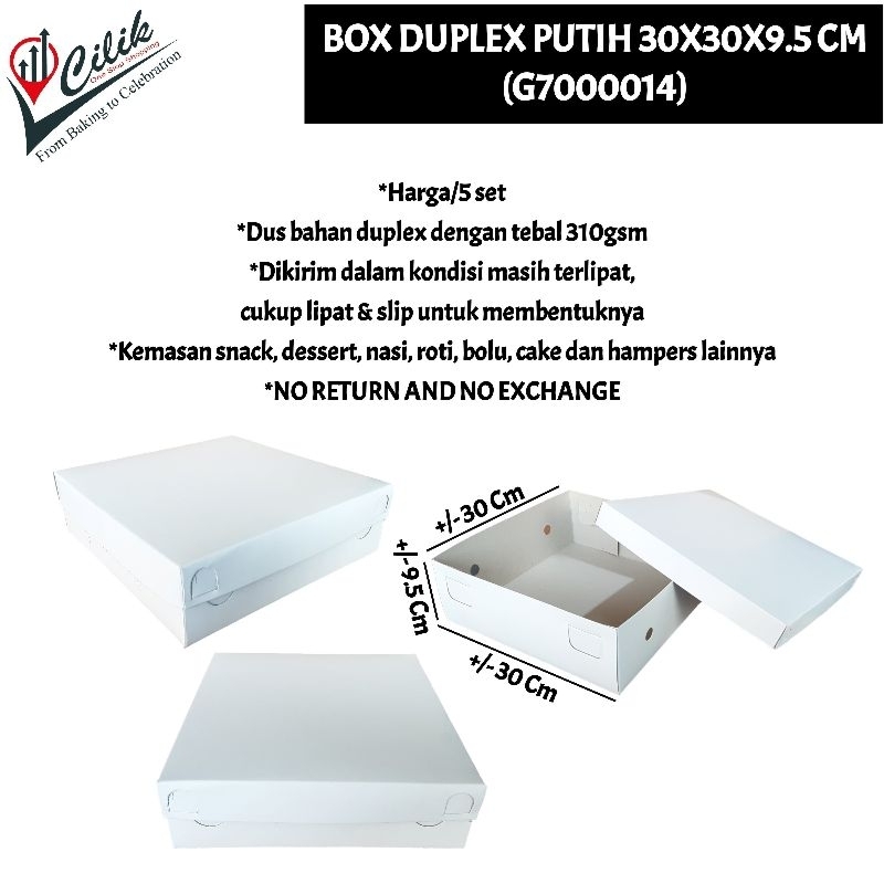 

box+dus+bahan+karton+duplex+warna+putih+polos+ukuran+size+15x15x7+22x22x8+25x25x8+30x30x9.5+40x60x15+40X40X40+18X18X5+25X25X5+CM+kemasan+wadah+packaging+kue+cake+bolu+nasi+bento+dessert+snack+cemilan+tumpeng+puding