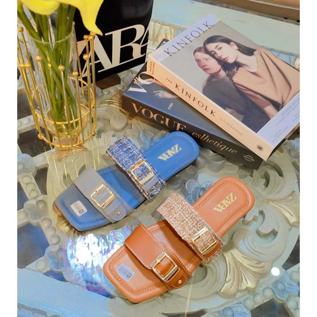 PROMO SANDAL SEOP FLAT ZARA DUA BAN GESPER RAJUT TWEET PREMIUM KEKINIAN KOREAN STYLE KODE B13AHZ