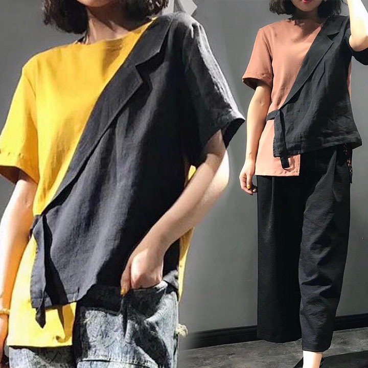 BLUS KAOS LINEN HYBRID ASIMETRIS KUNING COKLAT HITAM KOREA IMPORT