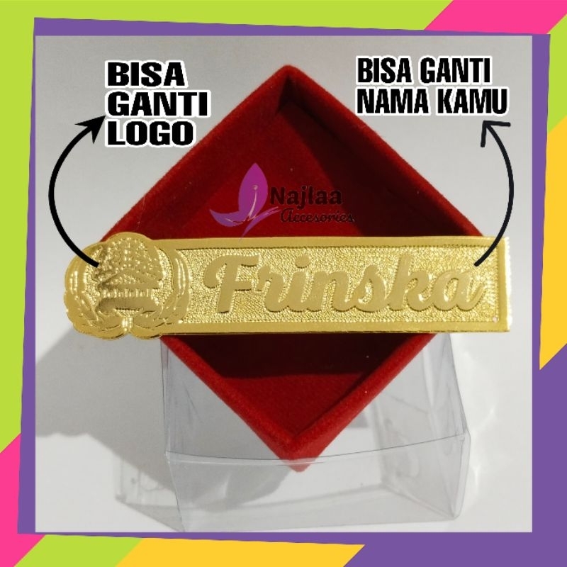 

Name tag / papan nama dada lapis emas nama timbul elegant