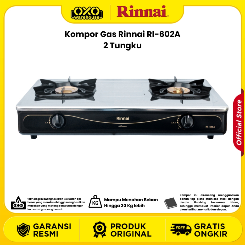 Rinnai Kompor Gas RI-602A 2 Tungku Garansi Resmi