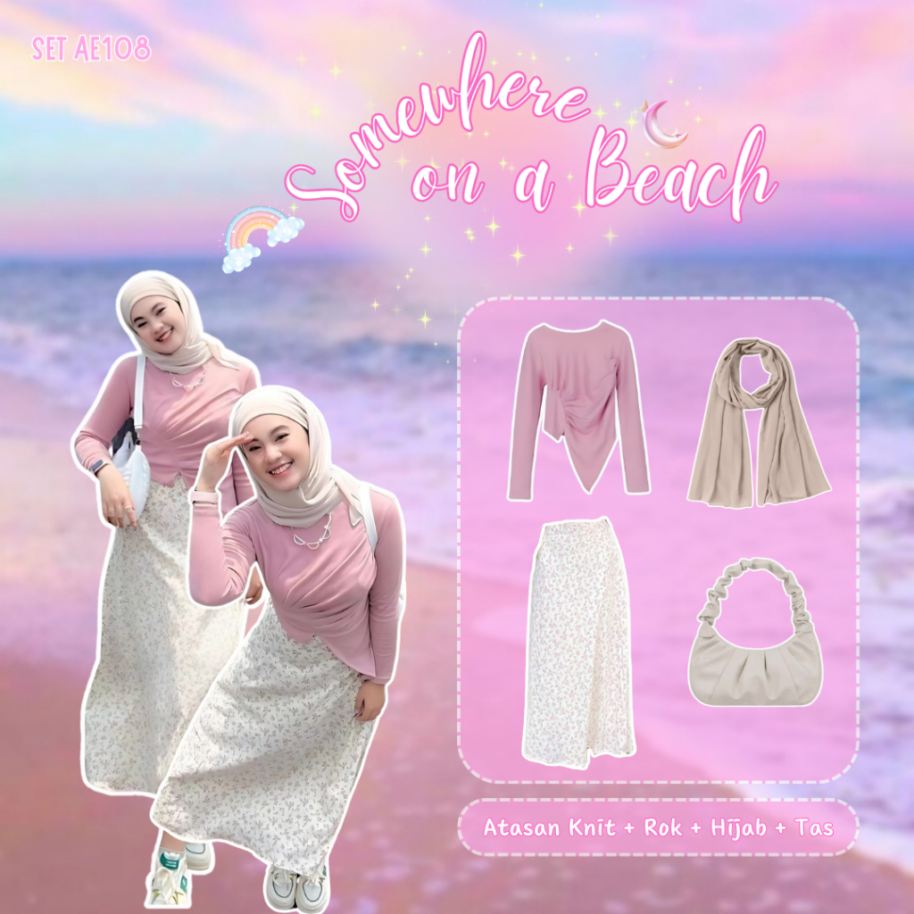 sharenaoutfit - 4 IN 1 One Set Hijab Korean Style Outfit Remaja Wanita Kekinian Outfit Pantai Blouse