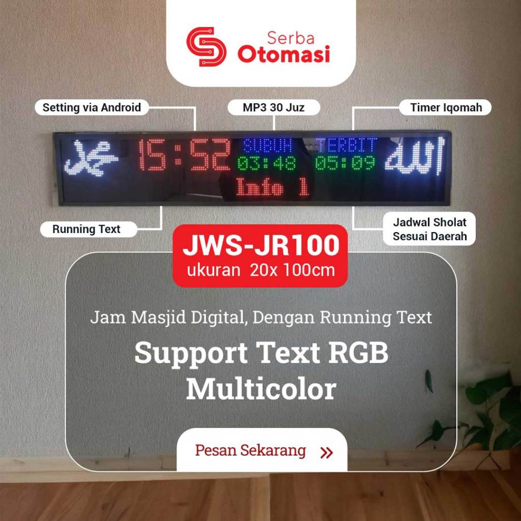 RUNNING TEXT JAM WAKTU SHOLAT RGB JR100, JAM DIGITAL MASJID, JAM IQOMAH