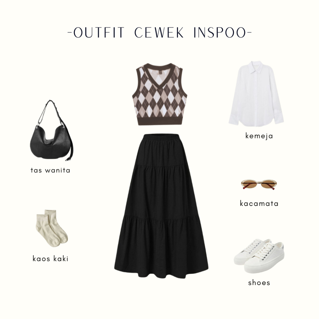 1 Set Outfit Kekinian OOTD Wanita Hijab (Vest Rajut Kemeja Rok Ruffle ) - OCI27