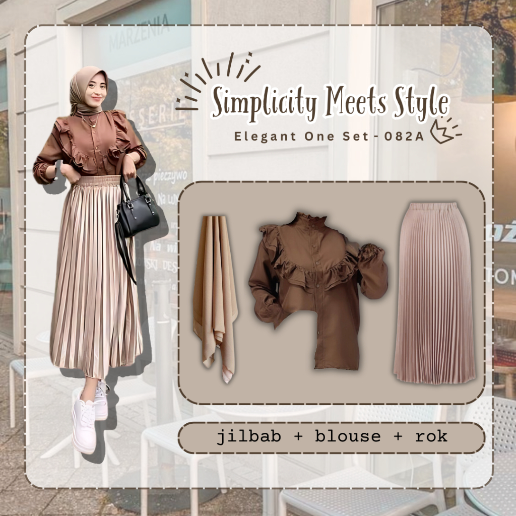 One Set Wanita Kekinian Jilbab Paris + Blouse Rempel Coklat + Rok Plisket Premium 082A