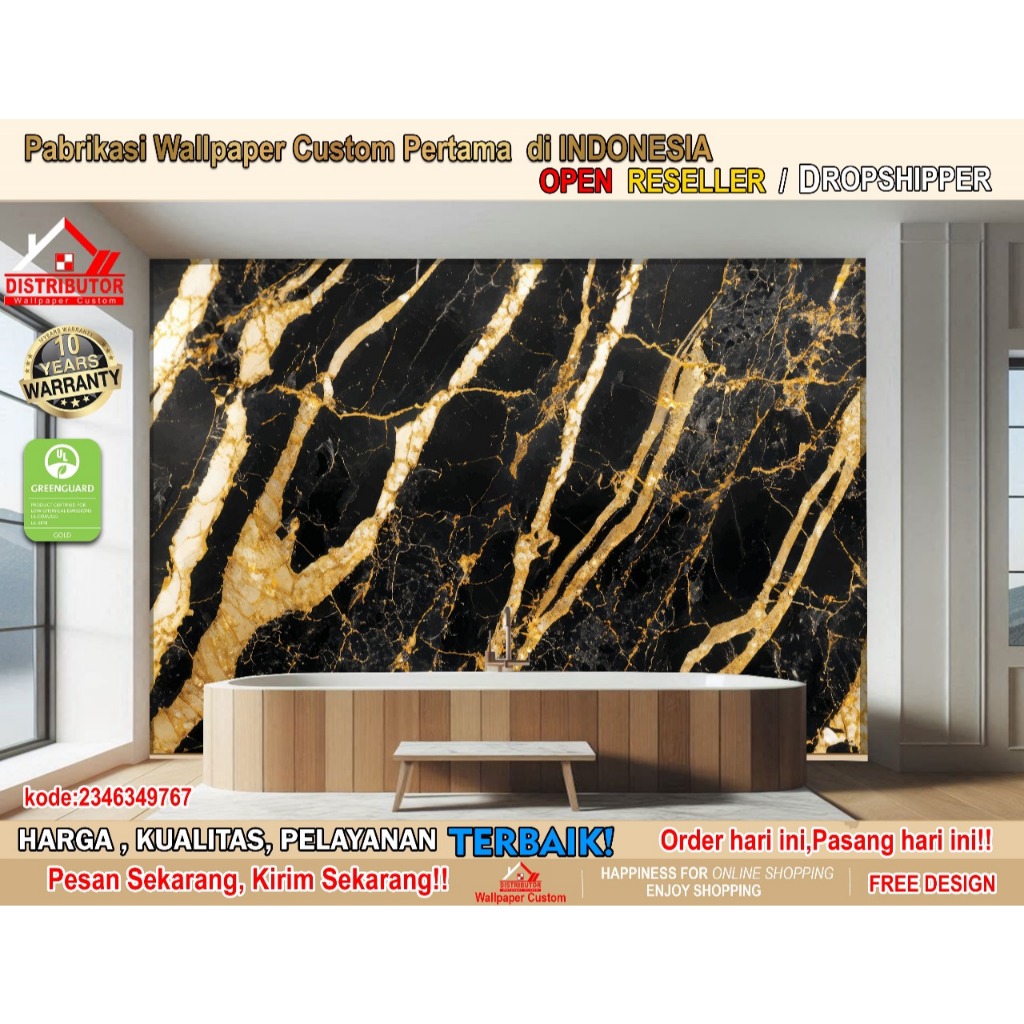 Wallpaper Custom 3D Tema Marmer | Wallpaper Bathroom | Wallpaper Kamar Mandi Marmer | Wallsticker | 