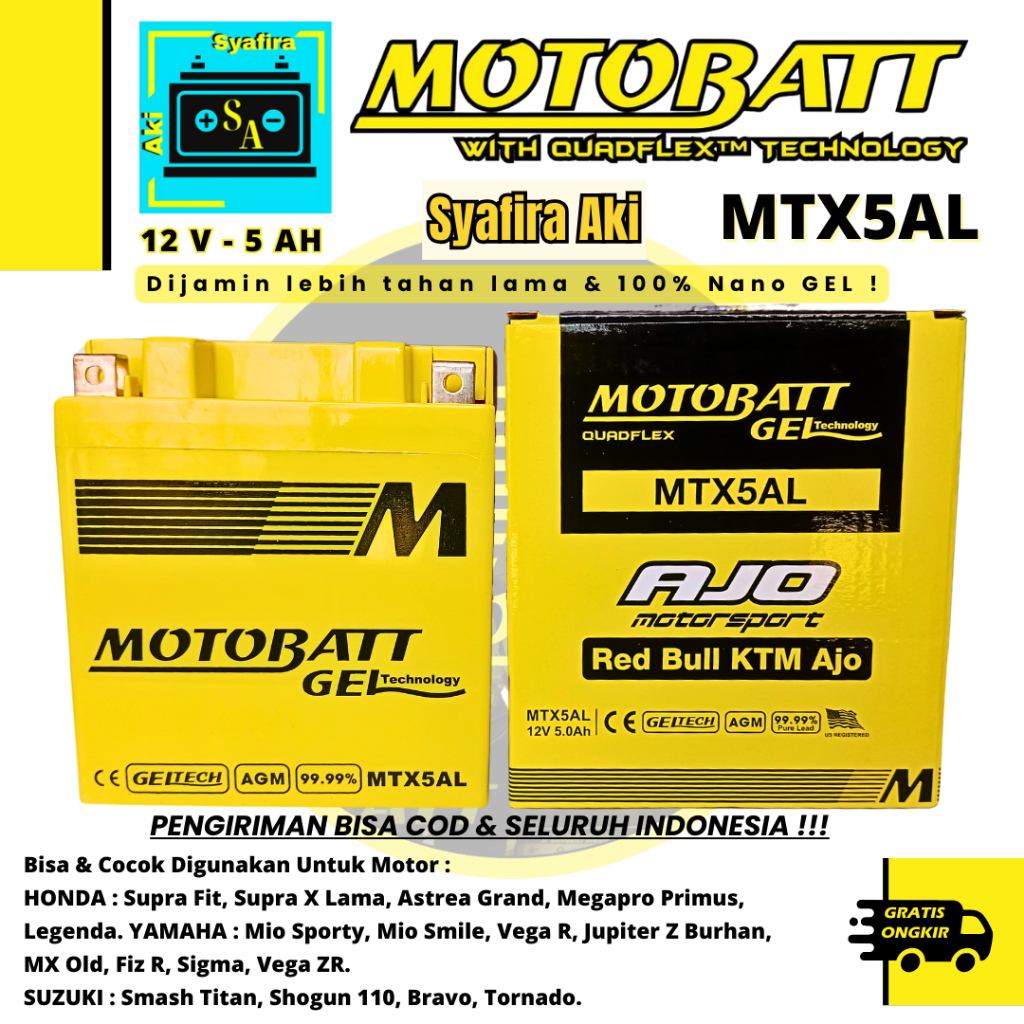 Aki motor Yamaha Mio Sporty,Mio Smile,Vega R Motobatt MTX5AL 5Ah
