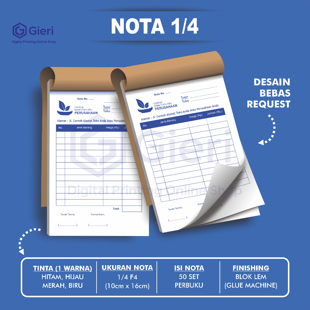 

Gieri - Nota Costume 1/4 F4 / Nota 2 Rangkap / Nota 3 Rangkap